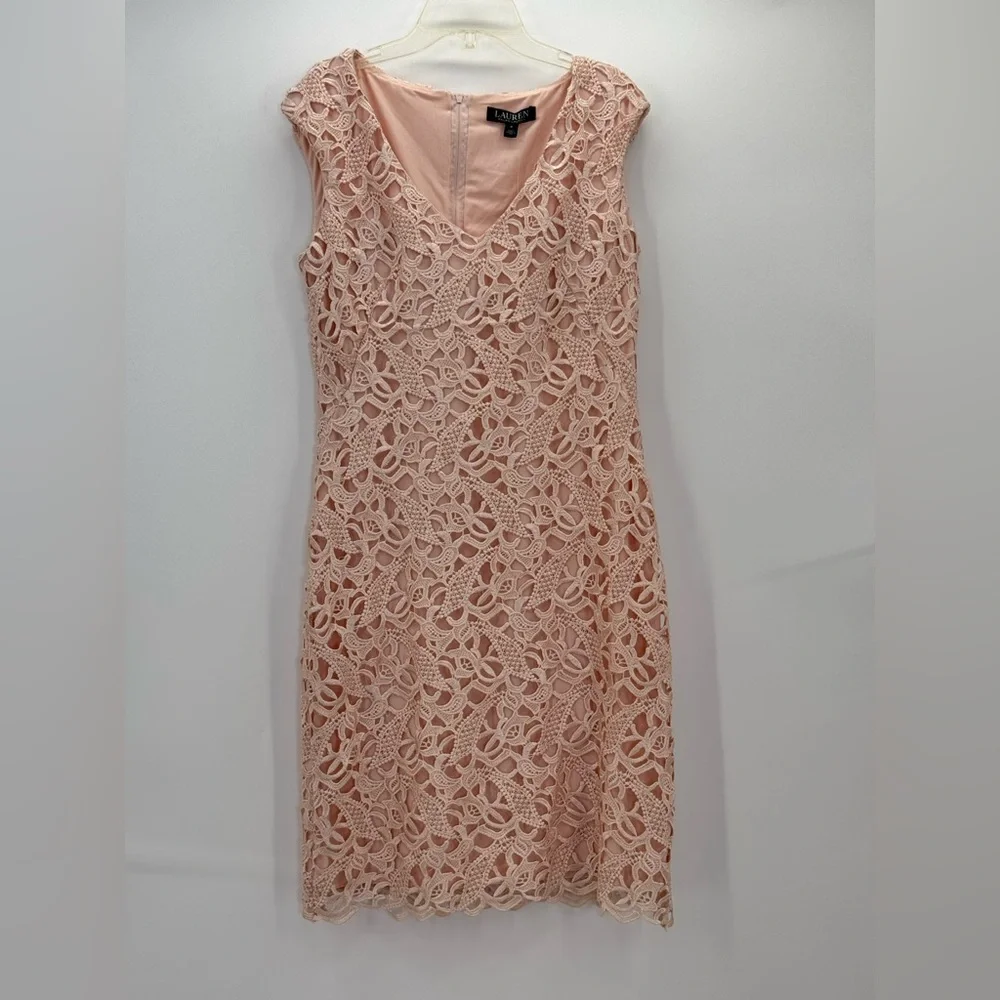 Lauren Ralph Lauren Blush Pink Lace Sheath V-Neck Sleeveless Cocktail Dress SZ 8 - Picture 13 of 15